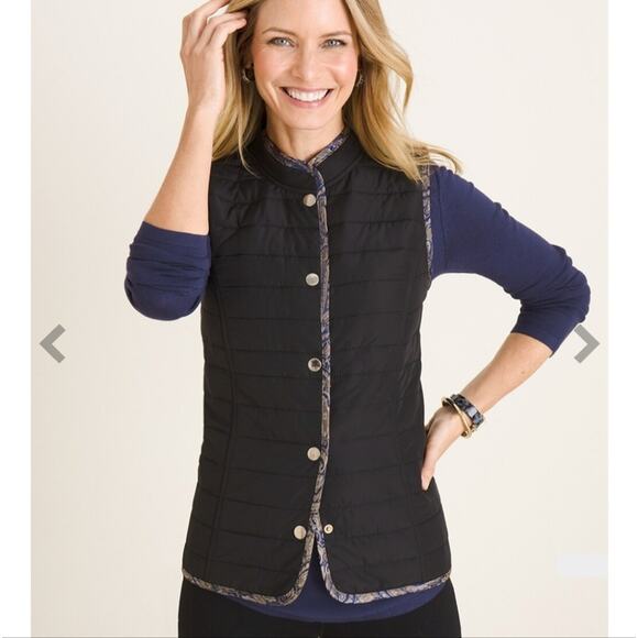 Chico's Reversible Quilted Vest Snap Front Sleeveless Blue Jacquard Black Jacket - Picture 2 of 15